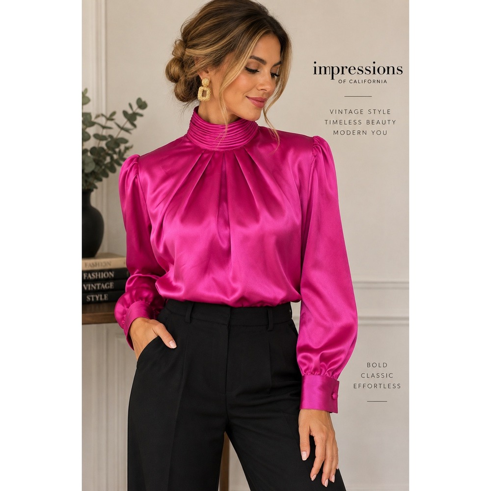 Vintage Impressions of California Fuchsia Satin Blouse 10 High Neck 80s